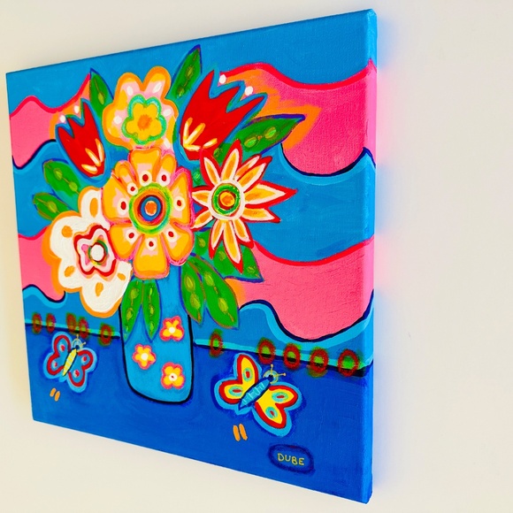 Original Painting Collectible Flowers Butterflies 12"x12" One of a Kind - Picture 3 of 3